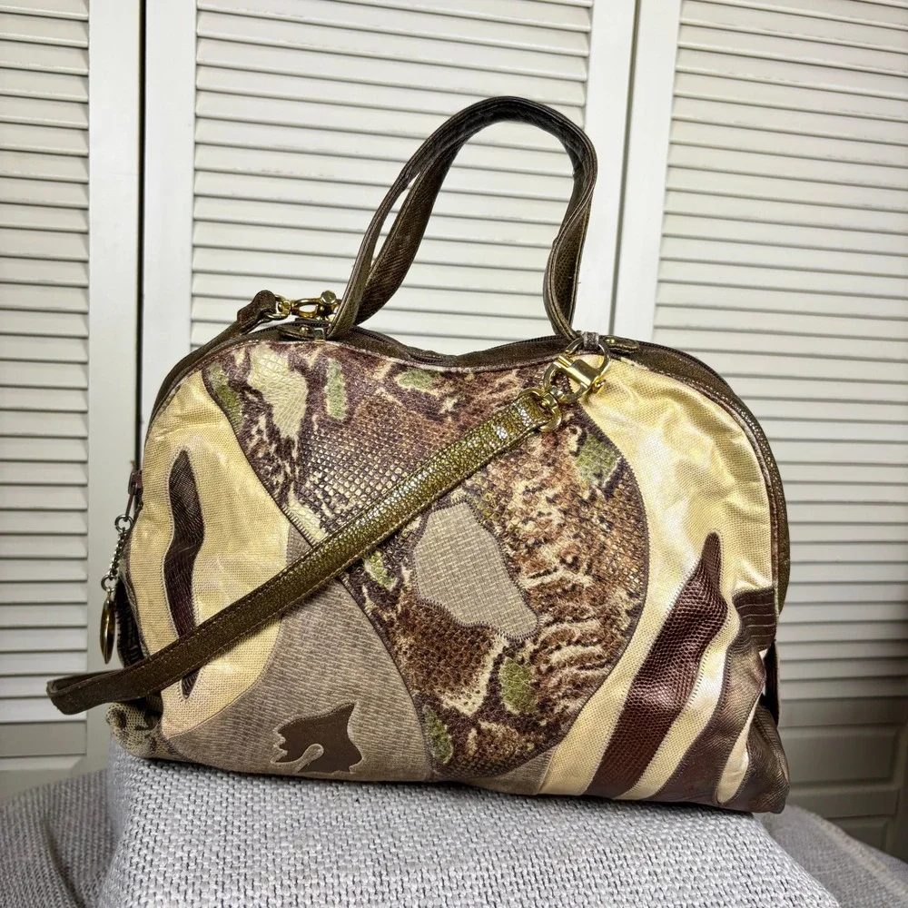 Sharif 90s Vintage Bronze Mixed Animal Patchwork Leather Satchel Bag Statement